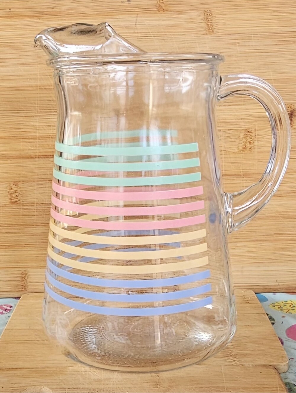 Vintage Libbey Glass Pitcher 8 Cups with Pastel Stripes